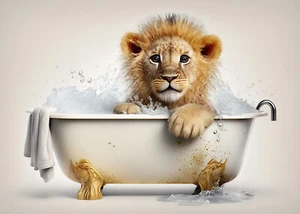 Baby Lion en baño, obras de arte digitales generadas por IA arte decoración de pared impresiones de cartel - Imagen 1 de 1