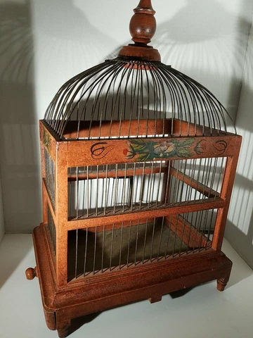 Charming Dutch Vintage Bird Cage Hand Painted Floral Wood & Wire 19 x 12 x 8" Cover