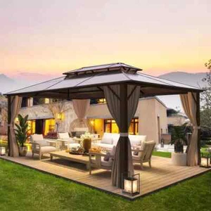 Erommy New Outdoor Hardtop Gazebo Canopy Curtains, Brown, 10 ft - Picture 1 of 4