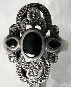 Anillo Vintage Plata Esterlina 925 Negro Ónix Marcasita Talla 8 Firmado GM ¡Elegante!! - Imagen 1 de 8
