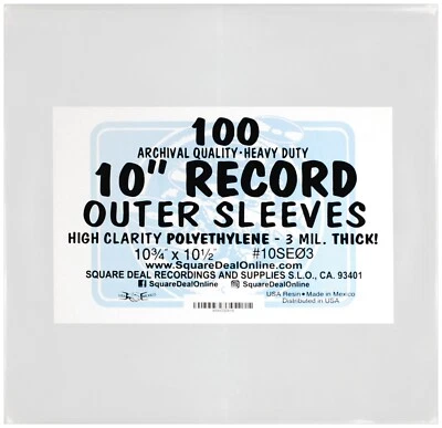 SQUARE DEAL RECORDINGS & SUPPLIES (100) 10" Record EP Outer Sleeves Vinyl Soft Archival 3mil High Clarity #10SE03