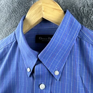 Vintage Christian Dior Monsieur Mens Shirt Grid Button Down Purple 15" 38 Cotton - Picture 1 of 14