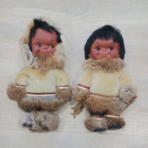 Vintage 1970's Alaskan Eskimo Pair of 12" Dolls w/Rabbit Fur Adorable! Excellent - Picture 1 of 12