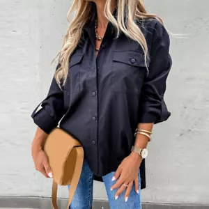 Womens T Shirt Blouse Long Sleeve Ladies Shirts Tops Tee Button Summer Casual # - Picture 1 of 12