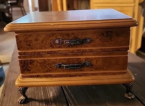 Vintage London Leather Burled Wood Jewelry Box Tiffany Antique Brass Legs - Picture 1 of 12