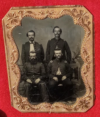 Antique Civil War Officer's Group Tintype Photo - Large 1/4 Plate w/ Gilt Border - Image 1 of 4
