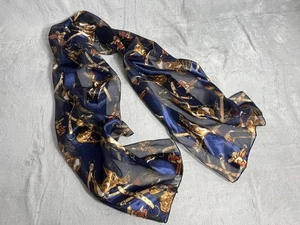 Bufanda vintage de seda con estampado de caballo ecuestre cadena dorada azul marino hecha en Corea - Imagen 1 de 10