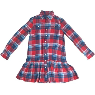 Vestido Polo Ralph Lauren Niñas Talla 10 Rojo Azul Cuadros Manga Larga Botón Preppy Foto 1 de 4