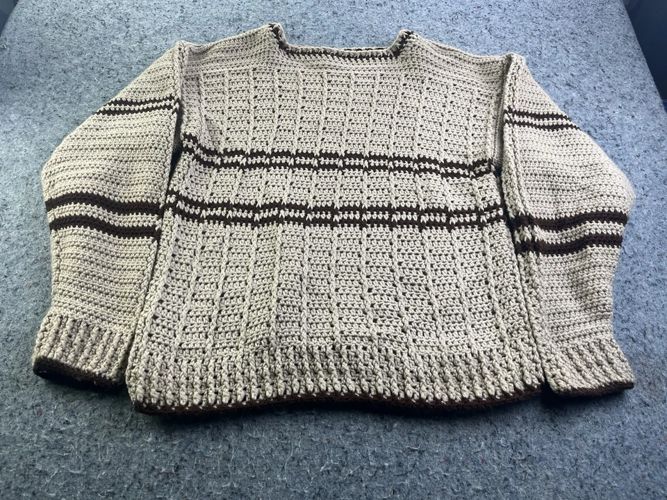 Suéter Vintage Hecho a Mano Crochet Beige Marrón Rayas Mezcla Acrílico Para Hombre’s Grande Foto 1 de 4