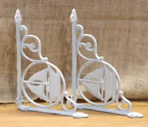 2 CAST IRON WHITE SAIL BOAT NAUTICAL BRACKETS GARDEN BRACES SHELF CORBELS NAUTIC - Picture 1 of 7