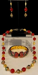 Vintage Red Round Carnelian Earrings~Necklace~Bracelet Gold Plated Green Set Of3 - Picture 1 of 16