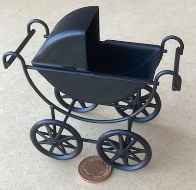 Dolls House Victorian Pram Black Metal 1:12 Scale Miniature Nursery 70 tumdee - Image 1 of 4