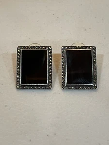 Vintage LARGE Stunning Black Onyx Marcasite Sterling Silver Earrings - Picture 1 of 6
