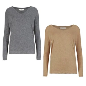 New Womens Boxy Top Relaxed Long Sleeve V Neck Oatmeal Grey Ex Famous Store - Picture 1 of 3