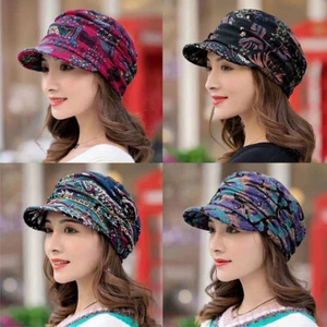 Women Floral Print Keep Warm Hat Winter Wide-Brim Fleece Cap Turban Visor Hat - Picture 1 of 16