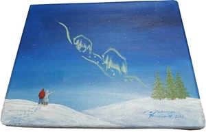 A Winter Walk 8x10" original art Native Ojibwe northern lights bison couple - Picture 1 of 4