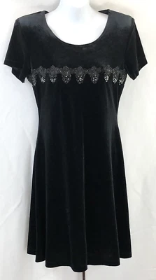 Vintage John Roberts Sheath Dress 6 Blk Velvet Velour Beads Dk Fairy Gothic 90s - Image 1 of 4