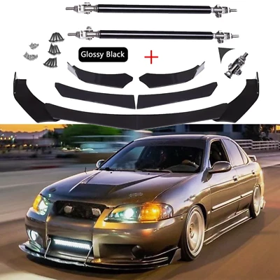Front Bumper Lip Spoiler /Splitter Strut Rods Glossy For Nissan Sentra SR Foto 1 de 4