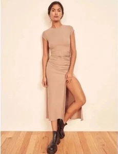 Euc Reformation Bracken Ribbed Cap Sleeve Midi Dress High Slit Sexy Beige Tan S - Picture 1 of 6