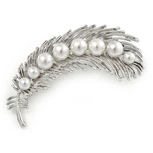 Rhodium Plated White Faux Glass Pearl Feather Pendant/ Brooch - 70mm L - Picture 1 of 5