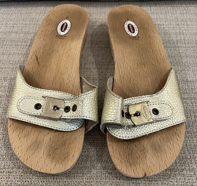 Sandalias Zuecos Dr. Scholl’s Original Mujer 7 Dorado Metálico Madera Hechas en Italia Foto 1 de 4