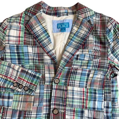 Childrens Place Patchwork Blazer Jacket Boys Size 6 Madras Kids Preppy - Image 1 of 4