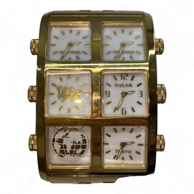 "Reloj de cuarzo Ice Link 4 zonas horarias dorado auténtico para hombre H:2,36"" W:1,57"" 2090" Foto 1 de 4