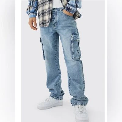 BoohooMAN Relaxed Rigid Cargo Jeans Size 30 Light Blue Streetwear Hipster - Image 1 of 4