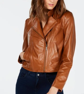 EUC S/P Women's Michael Kors Genuine Lambskin Leather Moto Jacket In Brown - Image 1 of 4
