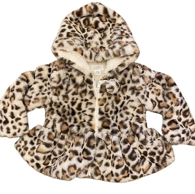 Mud Pie Leopard Plush Fur Hooded Girls Zip-Up Jacket NEW ivory tan - Image 1 of 4