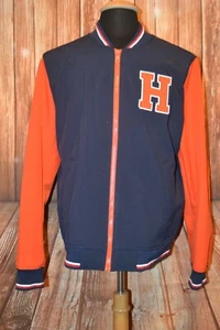 Tommy Hilfiger Men's Orange Blue Logo "H" Full Zipper Lettermans Jacket Sz L - Picture 1 of 11