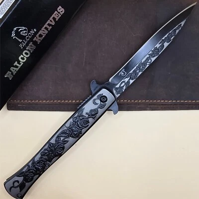 9” Black Rose Flower Tactical Spring Assisted Open Blade Folding Pocket Knife - Image 1 of 3