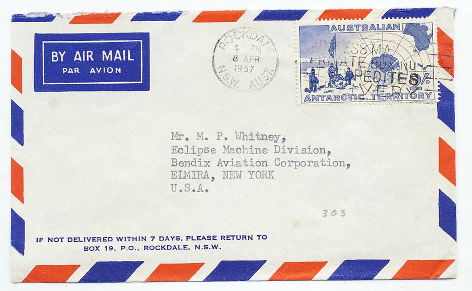 Australia 1957 Cubierta de correo aéreo #L4 Antártico Uso individual Rockdale NSW a Nueva York EE. UU. % Foto 1 de 1