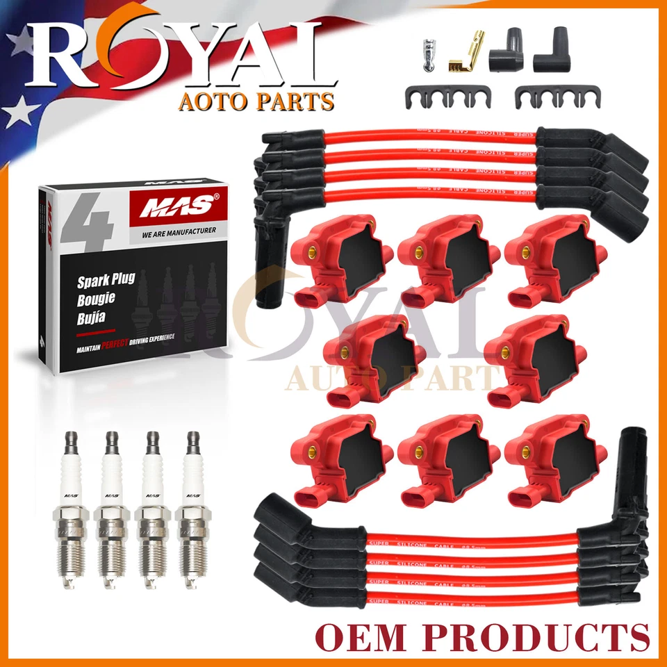 8x UF413 RED Ignition Coils & SP479 Spark Plugs & Wires Set for GMC 5.3/6.0/6.2L — 第 1/4 张图片