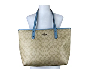 Coach Tote Bag Womens Beige Blue Shoulder Bag Logo Zipper - Picture 1 of 15