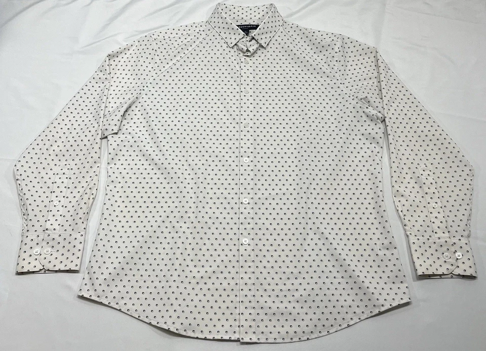 Camisa Mizzen+Main Para Hombres Mediana Blanca Azul Borde de Sotavento Sin Pliegue Elástico Abotonada Foto 1 de 4