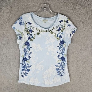 Sundance Tee Shirt Womens Small Blue Floral Print Short Sleeve CrewNeck Pullover - Picture 1 of 8