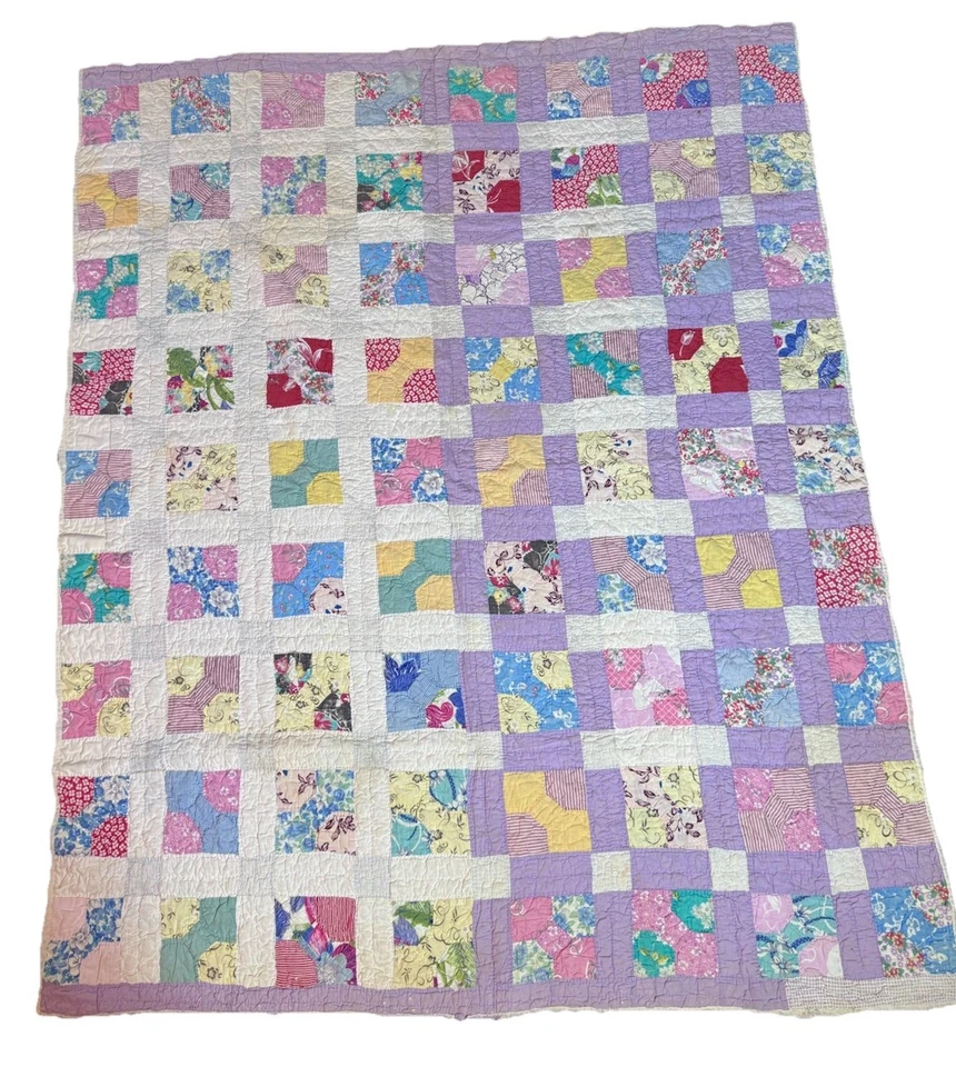 Vintage Primitive Hand Made Bow Tie Quilt Feedsack Split Color 56” 69” Unique! - Image 1 of 4