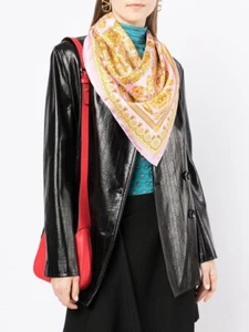 Versace Barocco Print Pink Gold Silk Satin Large Foulard Scarf 35" 90cm NWT $575 - Picture 1 of 9