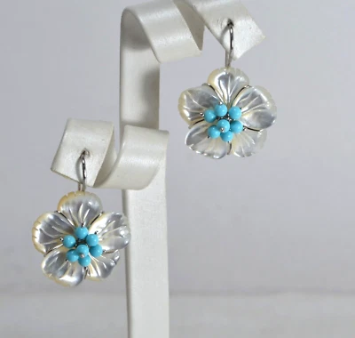 ORECCHINI ARGENTO 925  FIORI MADREPERLA  BIANCA 25 mm P.TURCHESE      AGHT 0416T - Immagine 1 di 4