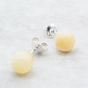 Dainty White Amber and Silver Stud Earrings Baltic Amber Studs Everyday Earrings - Picture 1 of 9