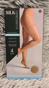 Silk Impressions 4 Pair SZ Small High Waisted Rich Tan Tights Sheer For All Day - Picture 1 of 2
