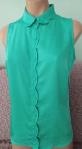 Lightweight blouse, M, button, collar, sleeveless, silky, green, L'Amour - Picture 1 of 4