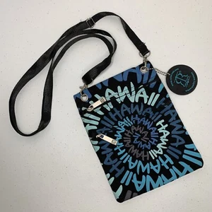 Robin Ruth Crossbdy Bag Purse Hawaii Print Black Blue Small Double Zip Aloha - Picture 1 of 14
