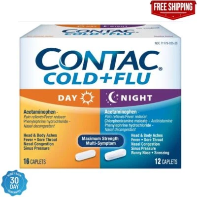 Medicamento para resfriados y gripe Contac día y noche con múltiples síntomas sin somnolencia, fuerza máxima Foto 1 de 4