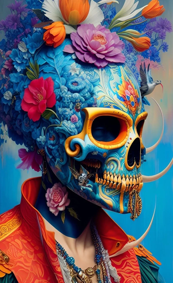 Huesos de calavera de flores surrealistas surrealistas e impresión artística botánica firmada Ziola Foto 1 de 1