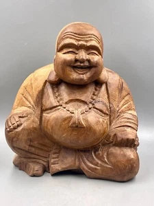 Happy Laughing Sitting Buddha Statue Sculpture 9in Hand Carved Solid Wood VTG - Picture 1 of 8