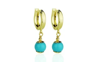 Real 14k Solid Yellow Gold Turquoise Huggie Dangle Earrings - Picture 1 of 2