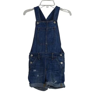 GAP Kids Distressed Denim Bib Overall Shortall Shorts Girls Size S Rolled Cuffs - Picture 1 of 7