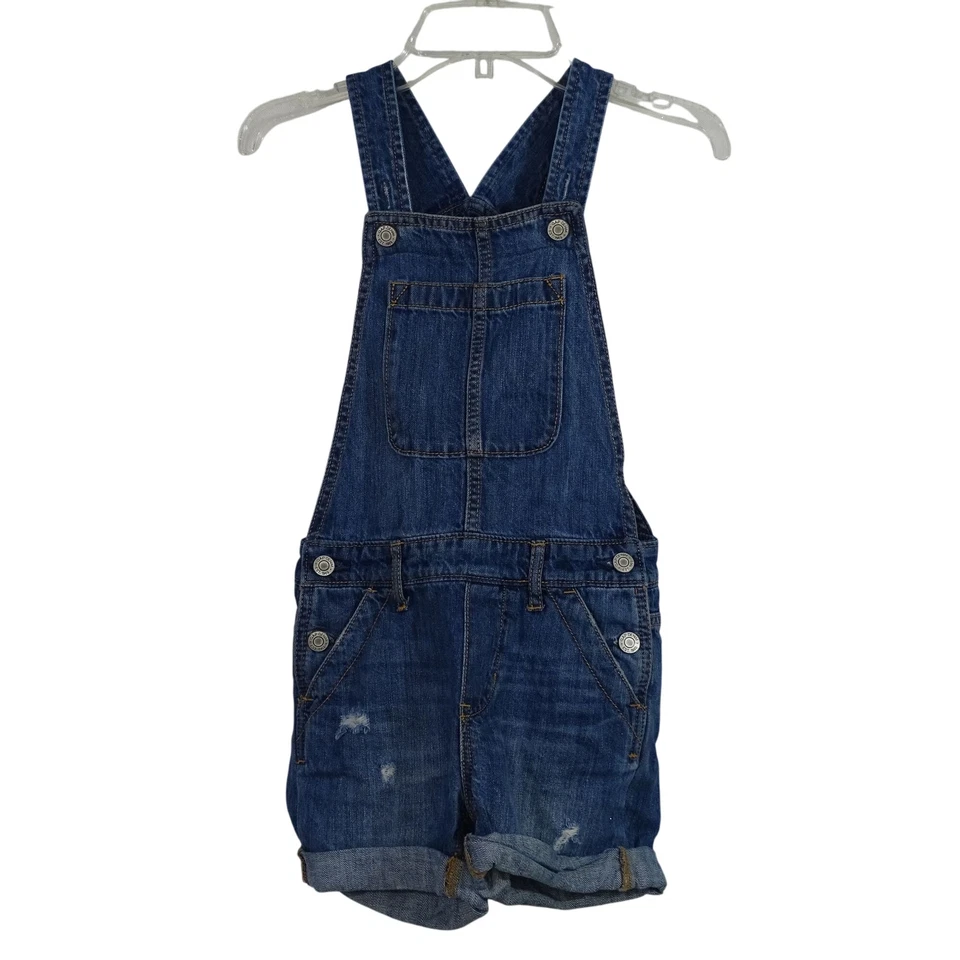 GAP Kids Distressed Denim Bib Overall Shortall Shorts Girls Size S Rolled Cuffs  - Image 1 of 4